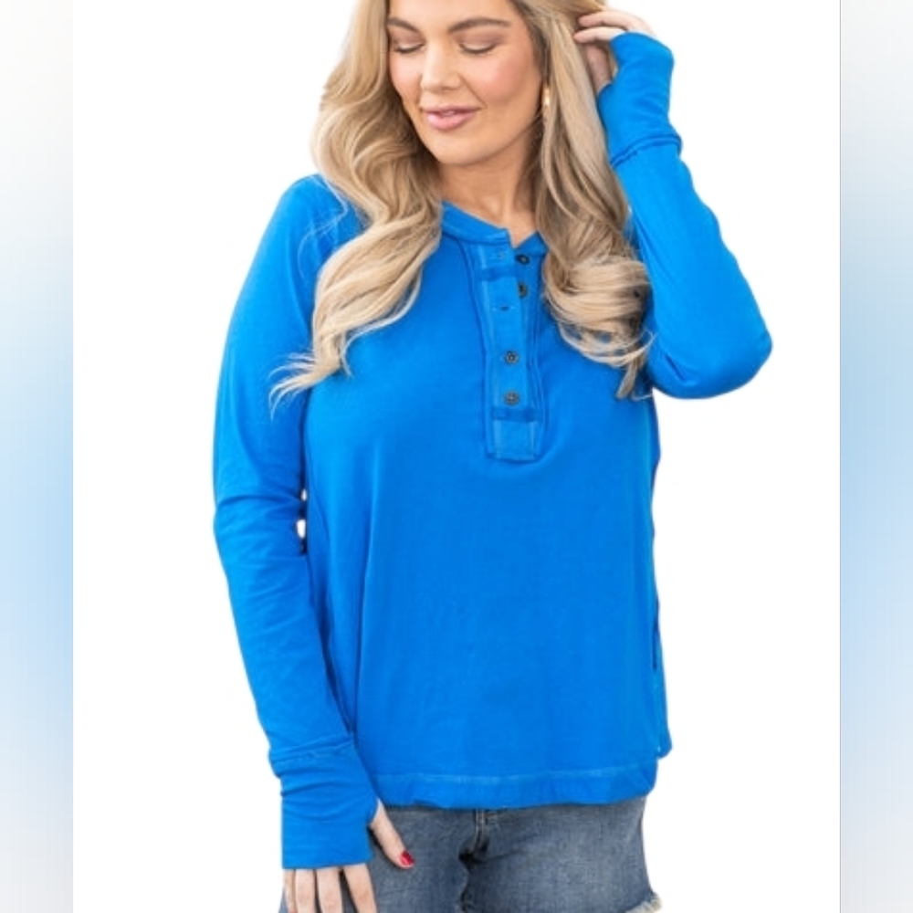 Zenana Outfitters Long Sleeve Henley Top in Cobalt Blue